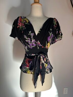 Rare Trashy Diva Black Floral Silk Obi Top xs